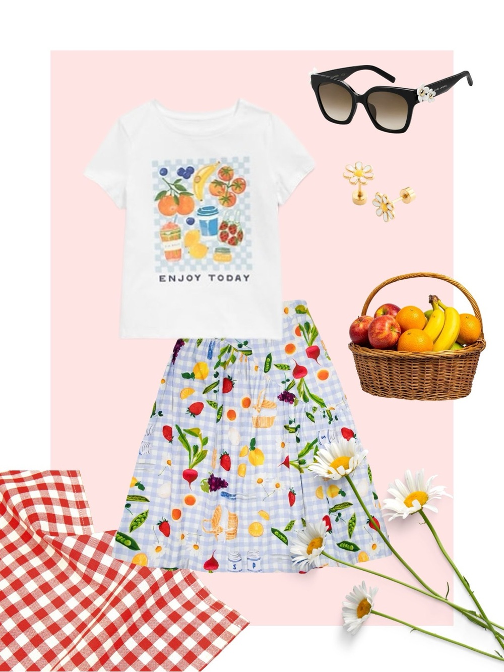 2PC: Lisa Says Gah Picnic Print Maeve Midi Skirt *BROKEN ZIPPER* + ON t-shirt